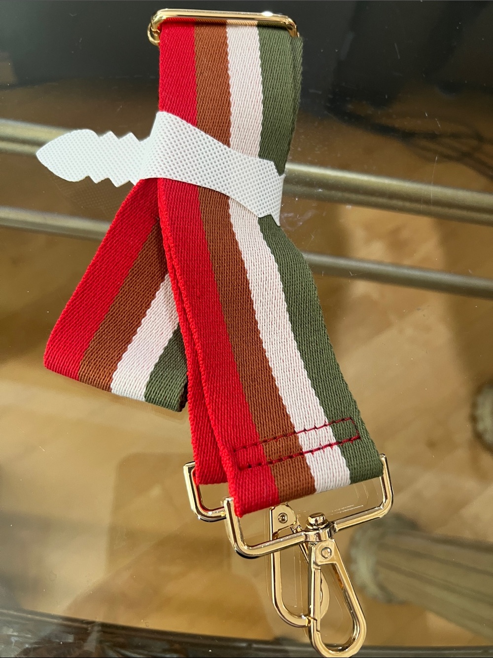 Striped Red, Brown, Olive & White Guitar/Bag Strap with Gold Hardware